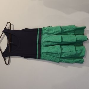 Bcbg Navy and Kelly Green sleeveless Midi dress with ruffled skirt